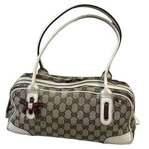 Vintage Gucci Princy GG Monogram Logo Sherry Line Web Shoulder Bag Tan Ivory